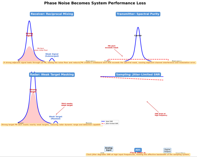 What Phase Noise Really Affects: From Spectrum Skirt to System Jitter